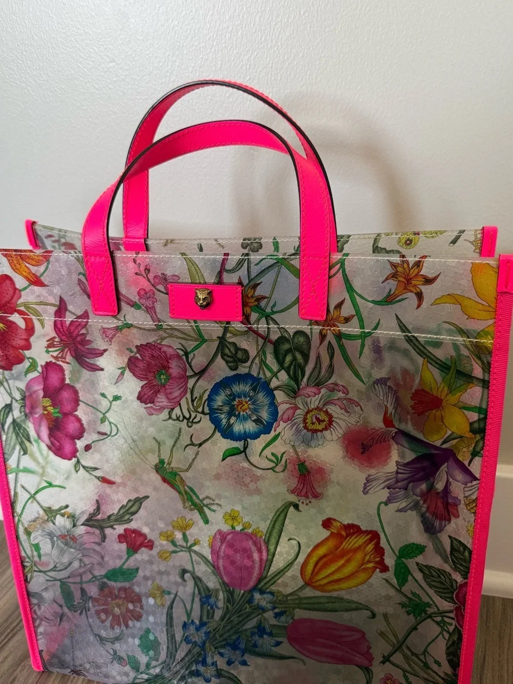 Gucci Floral Clear Tote with Hot Pink Trim